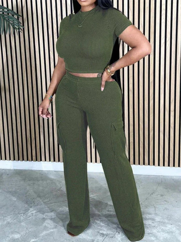 Women's Solid Casual Tee & Multi-Pocket Cargo Pants Set
