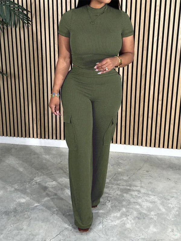 Women's Solid Casual Tee & Multi-Pocket Cargo Pants Set