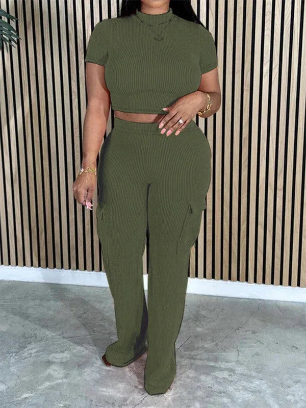 Women's Solid Casual Tee & Multi-Pocket Cargo Pants Set