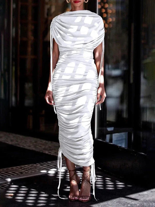Women's Solid Drawstring Ruched Dress