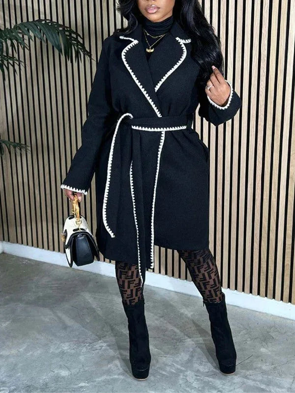 Women's Piping-Trim Tied-Waist Long Overcoat