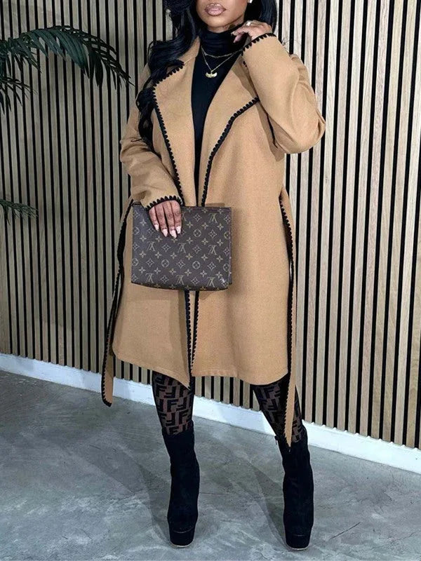 Women's Piping-Trim Tied-Waist Long Overcoat