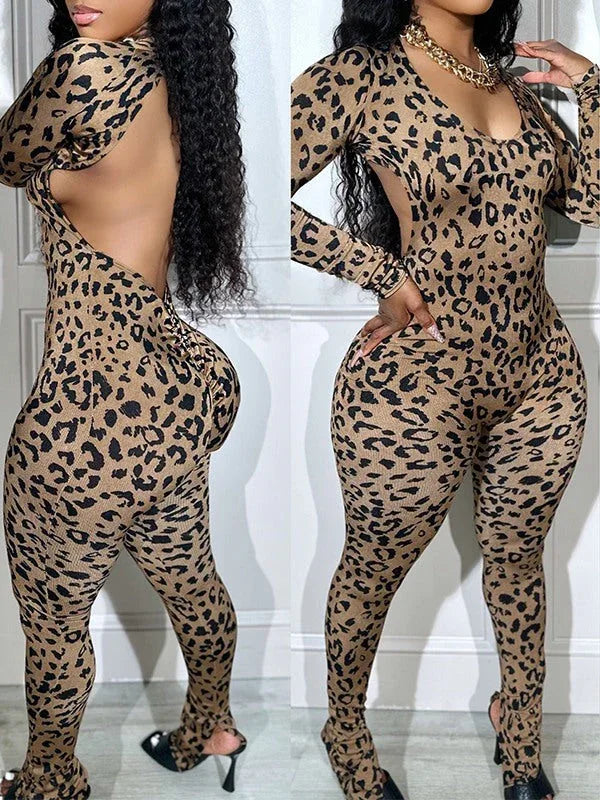 Women's Leopard Print Open-Back Sleeveless Skinny Jumpsuit