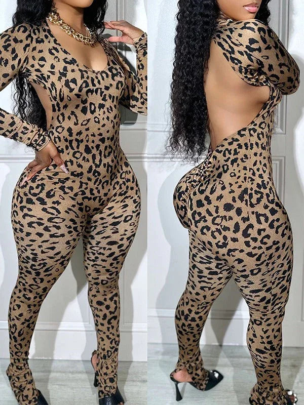 Women's Leopard Print Open-Back Sleeveless Skinny Jumpsuit