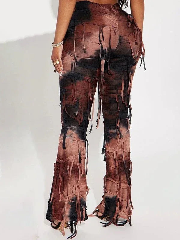 Women's Boho Fringe Tie-Dye Wide-Leg Pants