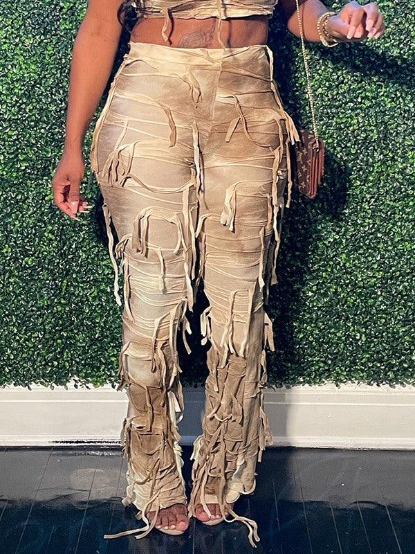 Women's Boho Fringe Tie-Dye Wide-Leg Pants