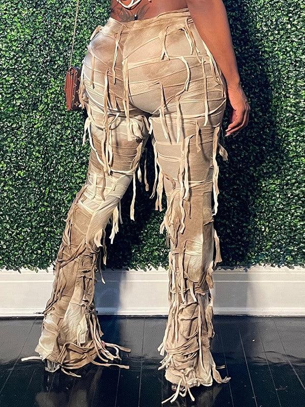 Women's Boho Fringe Tie-Dye Wide-Leg Pants