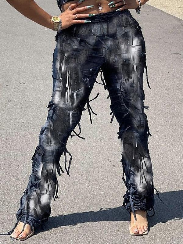 Women's Boho Fringe Tie-Dye Wide-Leg Pants