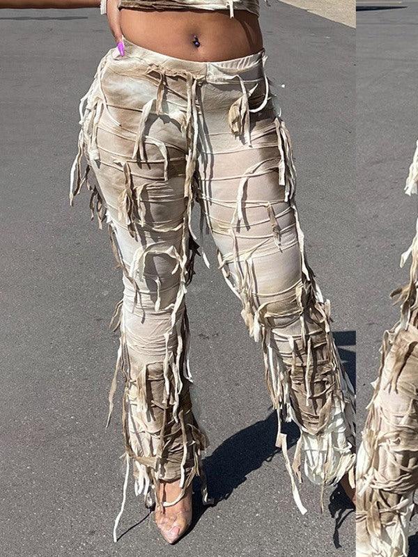 Women's Boho Fringe Tie-Dye Wide-Leg Pants