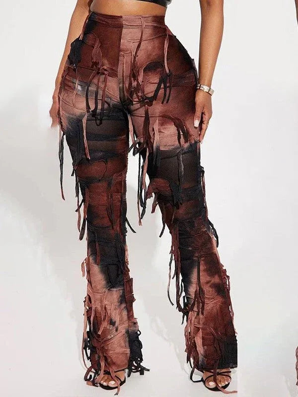 Women's Boho Fringe Tie-Dye Wide-Leg Pants