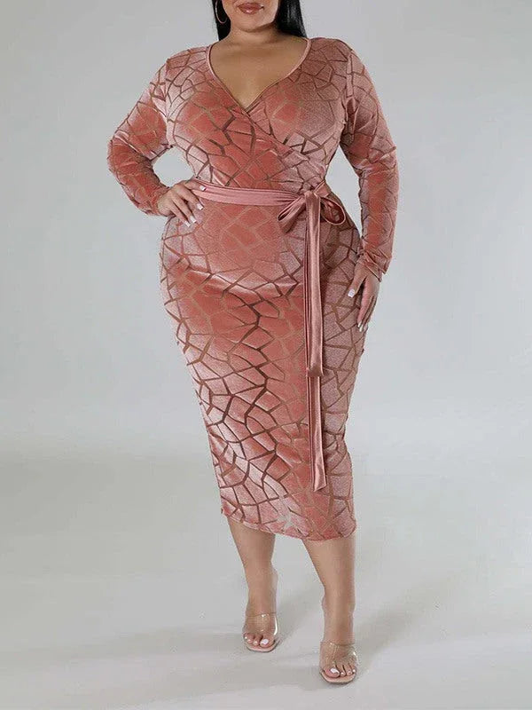 Women's Velvet V-Neck Tied Midi Dress