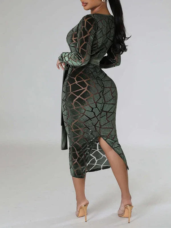 Women's Velvet V-Neck Tied Midi Dress