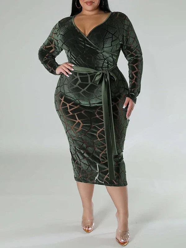 Women's Velvet V-Neck Tied Midi Dress