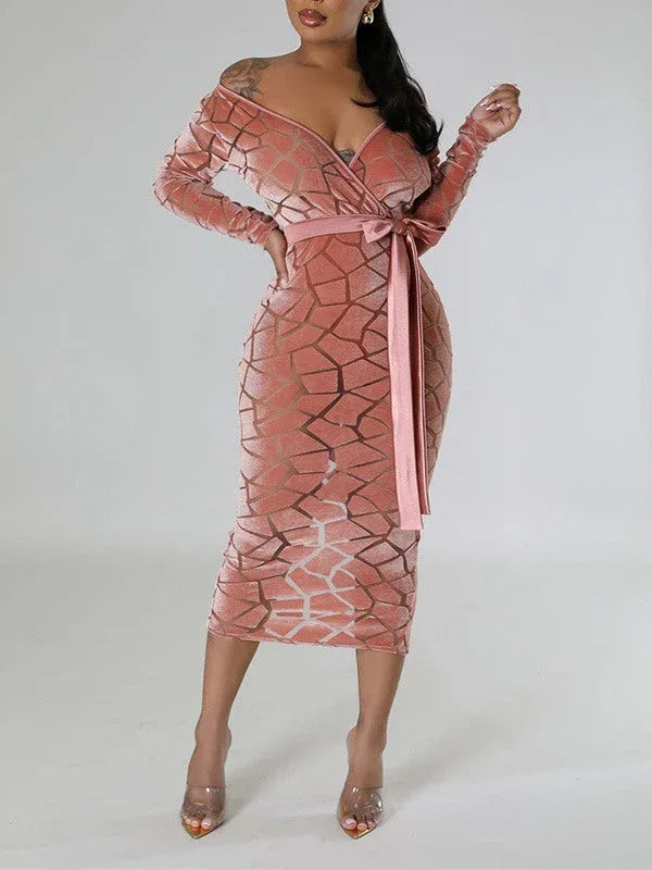 Women's Velvet V-Neck Tied Midi Dress