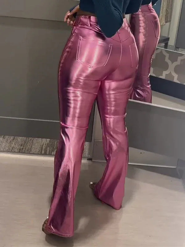 Women's Shiny Metallic High-Waist Flared Bell-Bottom Pants