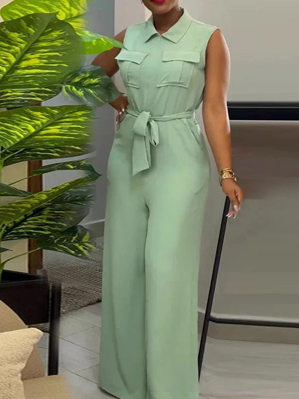 Women's Solid Sleeveless Tied-Front Wide-Leg Jumpsuit