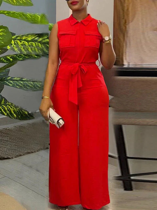 Women's Solid Sleeveless Tied-Front Wide-Leg Jumpsuit