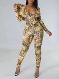Women's Leopard Print Backless Zip-Front Hoodie Jumpsuit