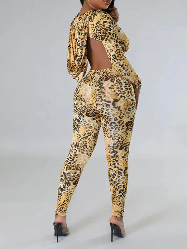 Women's Leopard Print Backless Zip-Front Hoodie Jumpsuit