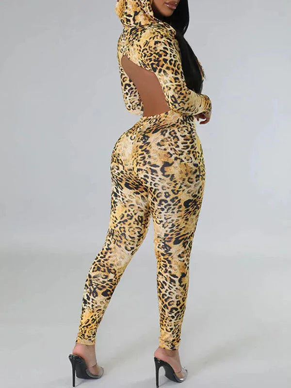 Women's Leopard Print Backless Zip-Front Hoodie Jumpsuit
