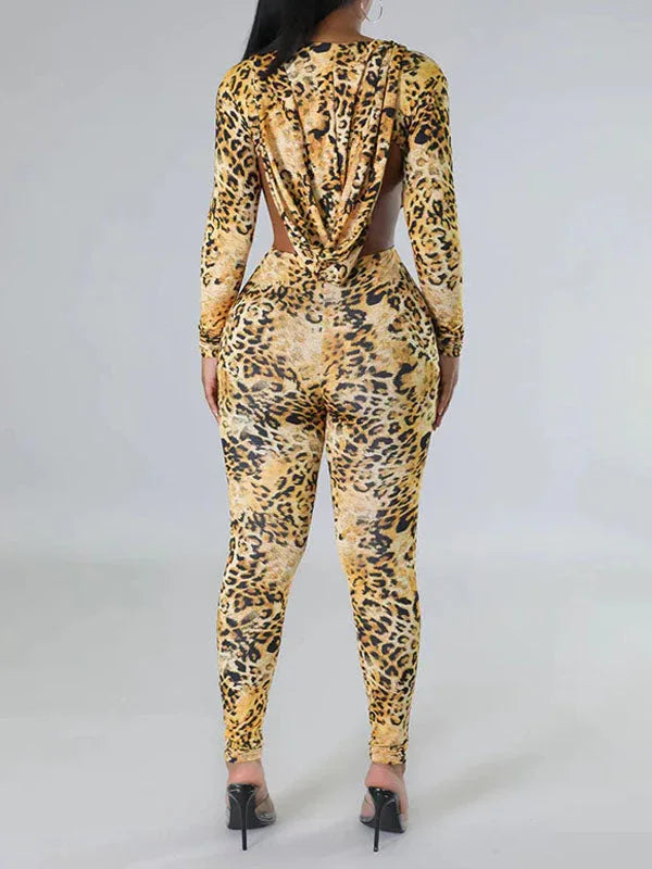 Women's Leopard Print Backless Zip-Front Hoodie Jumpsuit