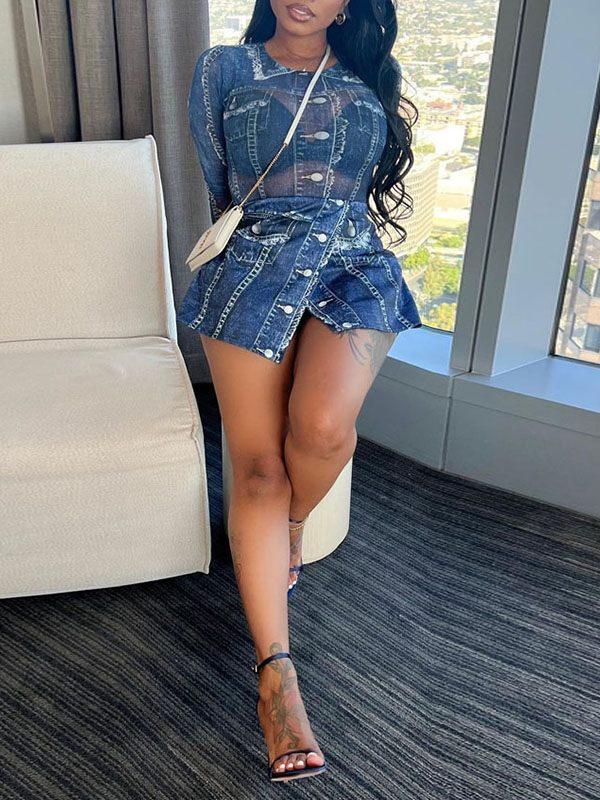Women's Sheer Mesh Bodysuit & High-Waist Skort Set