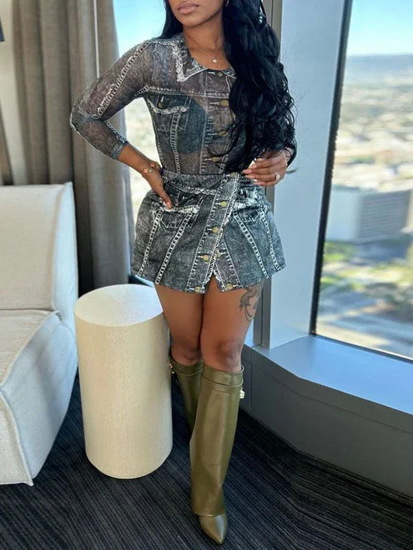 Women's Sheer Mesh Bodysuit & High-Waist Skort Set