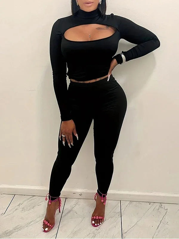 Women's Solid Cutout Crop Top & High-Waist Pants Set