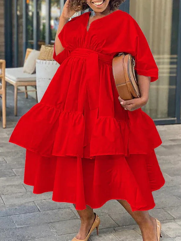 Women's Solid V-Neck Tied Dress