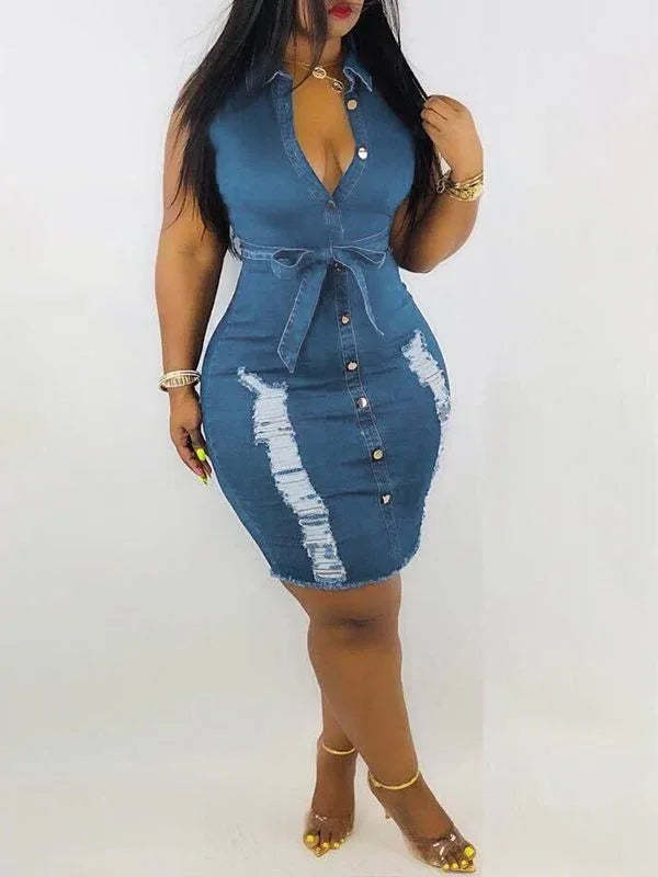 Women's Button-Front Tied Denim Dress