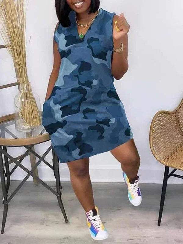 Women's Camo Print V-Neck Sleeveless Dress