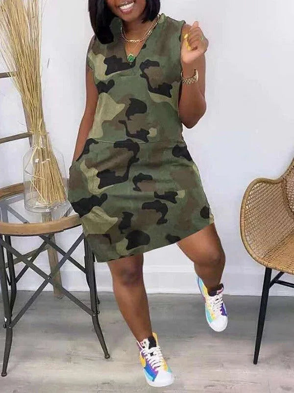 Women's Camo Print V-Neck Sleeveless Dress