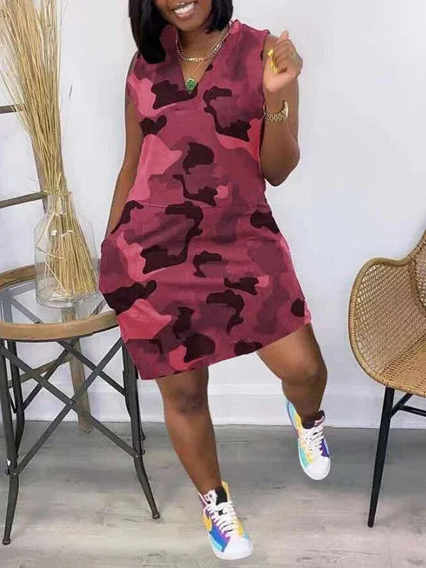 Women's Camo Print V-Neck Sleeveless Dress