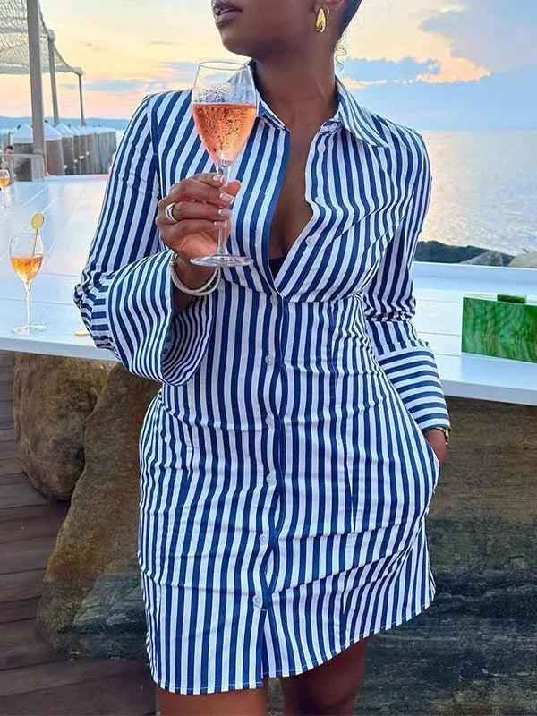 Women's Striped Shirt Midi Dress