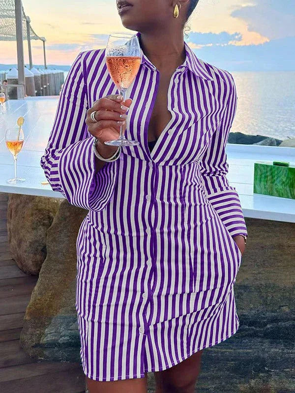 Women's Striped Shirt Midi Dress