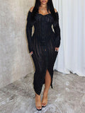 Women's Off-Shoulder Button-Front Ruched Dress