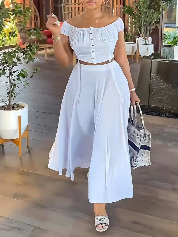 Women's Off-Shoulder Ruched Crop Top & Mini Skirt Set