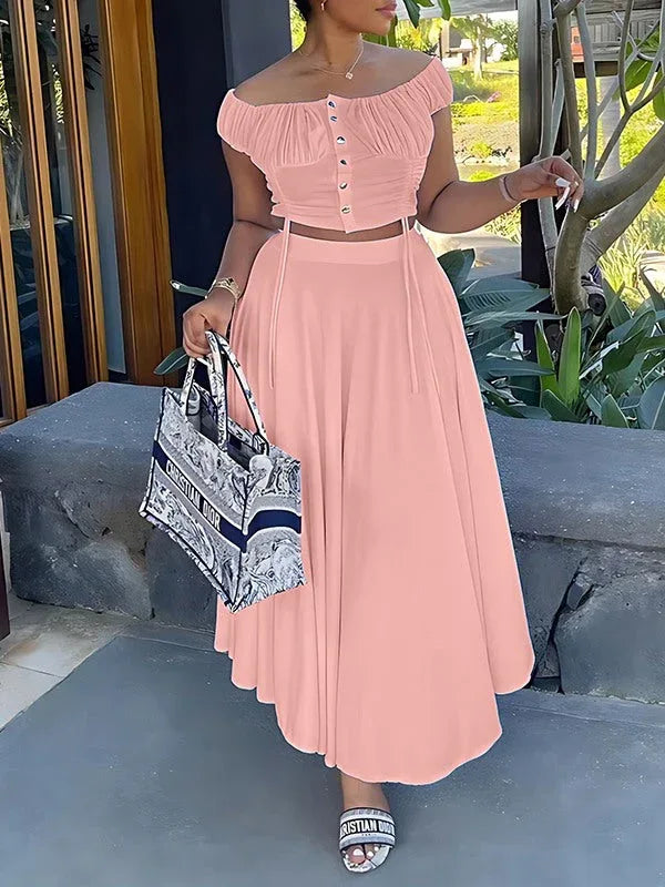 Women's Off-Shoulder Ruched Crop Top & Mini Skirt Set
