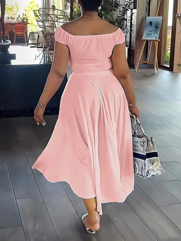 Women's Off-Shoulder Ruched Crop Top & Mini Skirt Set