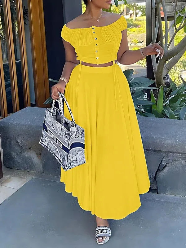 Women's Off-Shoulder Ruched Crop Top & Mini Skirt Set