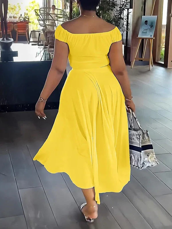 Women's Off-Shoulder Ruched Crop Top & Mini Skirt Set