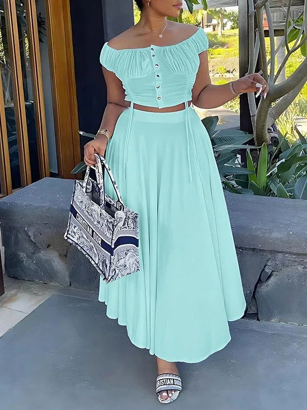 Women's Off-Shoulder Ruched Crop Top & Mini Skirt Set