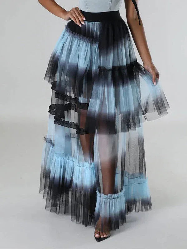 Women's Ombre Gradient Tiered Mesh Maxi Skirt