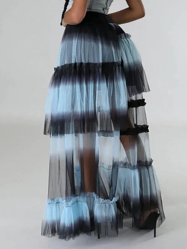 Women's Ombre Gradient Tiered Mesh Maxi Skirt