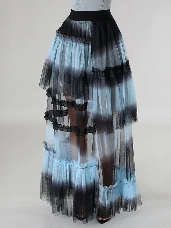 Women's Ombre Gradient Tiered Mesh Maxi Skirt
