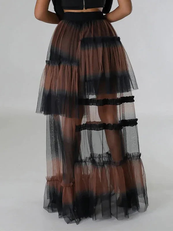 Women's Ombre Gradient Tiered Mesh Maxi Skirt