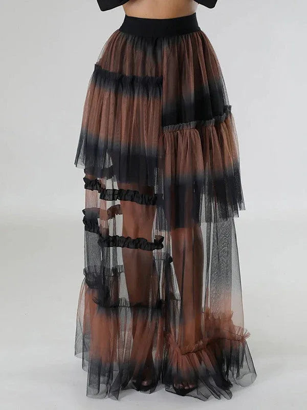 Women's Ombre Gradient Tiered Mesh Maxi Skirt