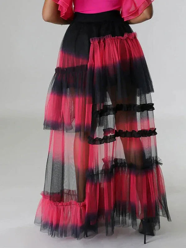 Women's Ombre Gradient Tiered Mesh Maxi Skirt