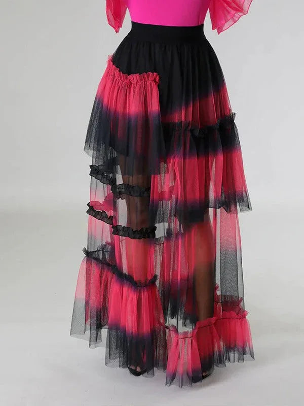 Women's Ombre Gradient Tiered Mesh Maxi Skirt
