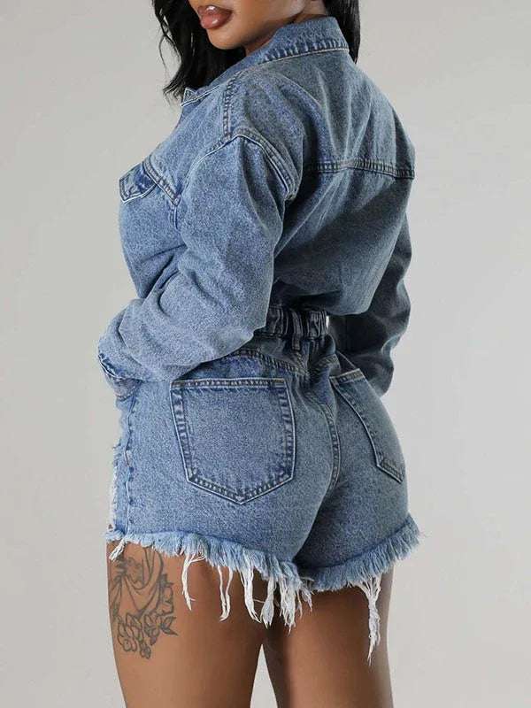 Women's Distressed Snap-Front Denim Mini Romper